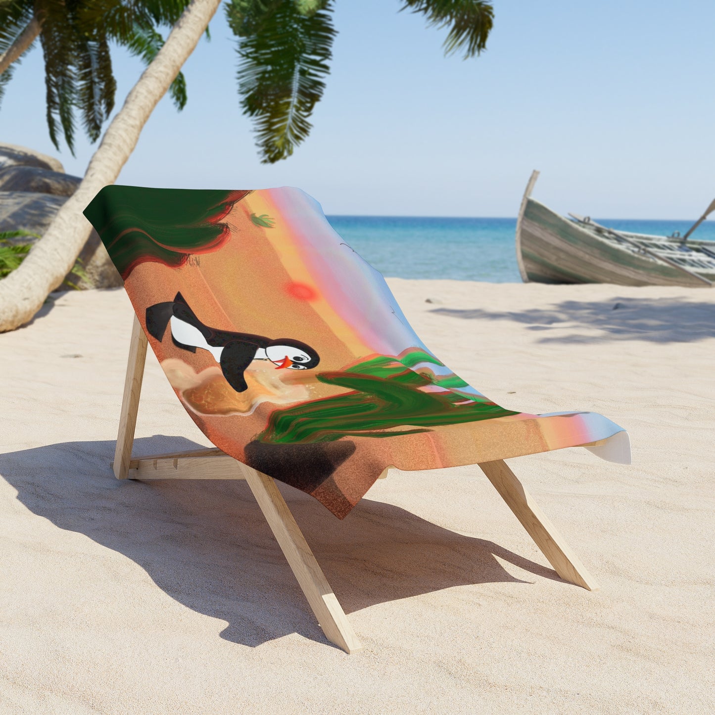 Beach Towel - Penguin & Cactus Sunset Scene